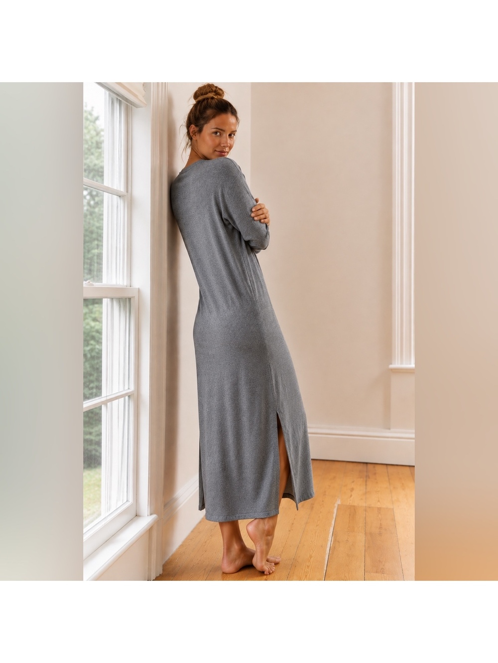 Anthropologie Stateside Gray Fleece V-Neck Long-Sleeve Maxi Dress side slits